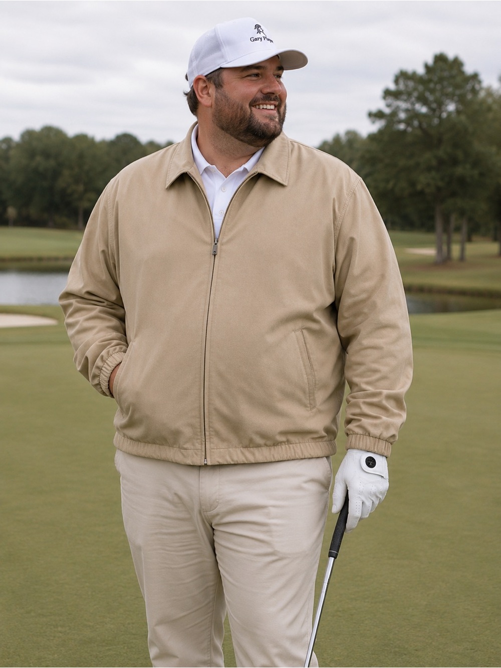 Vintage Gary Player Men’s XXL Faux Suede Golf Bomber Jacket Tan Full Zip Y2K